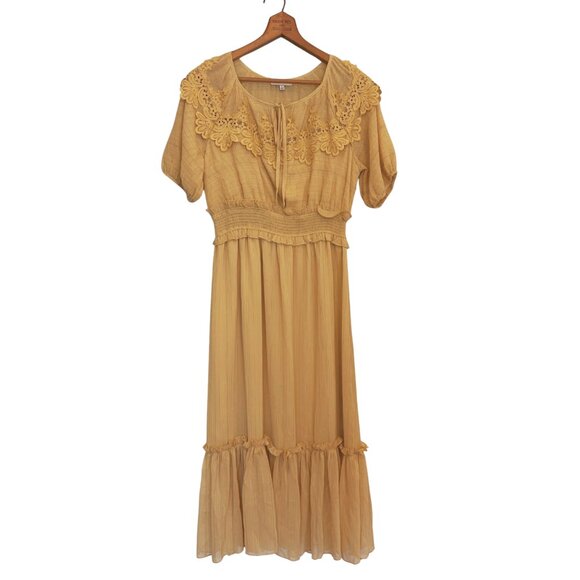 Moon River Dresses & Skirts - Moon River Mustard Yellow Boho Midi Dress Small Gold Thread Lace Cottagecore GUC